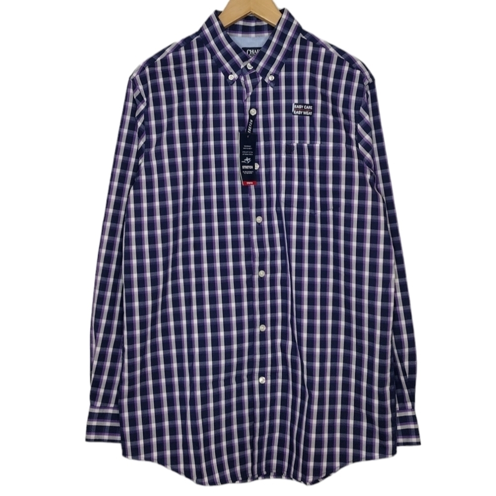 NWT Chaps Men's Medieval Blue Multi Windowpane Stretch Button Down Shirt Size M